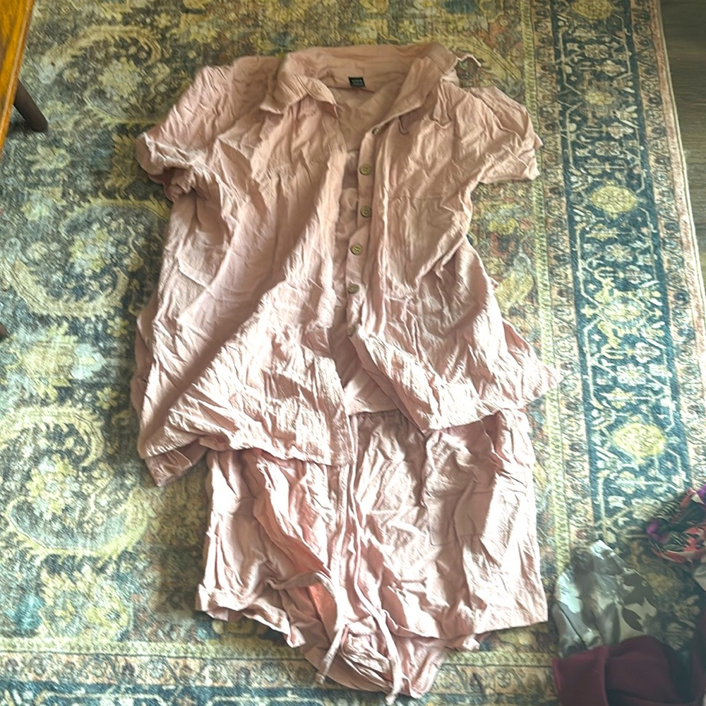 Pink linen button down top with short set